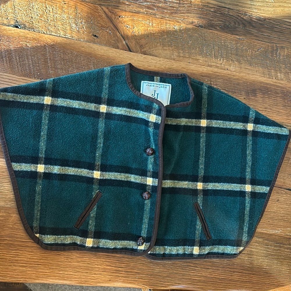 Janie and Jack Girl’s Countryside Ride Green Plaid Collar Cape Stole Size 12-18m